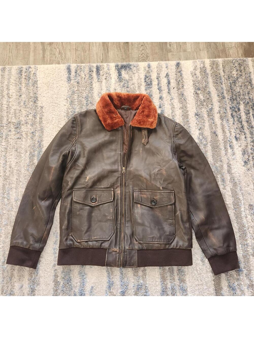 Men's Brown Leather Jacket with Rust Collar